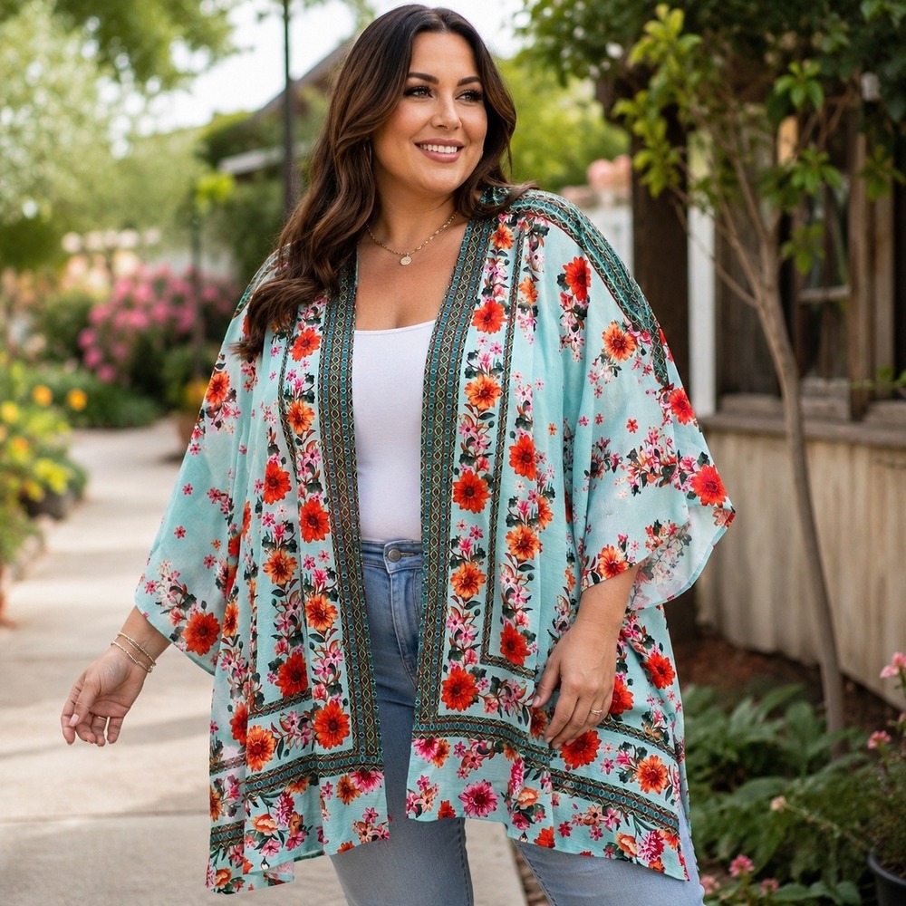 Umgee Womens Plus Size 1XL 2XL Floral‎ Kimono Wrap Mint Green Boho Open Front